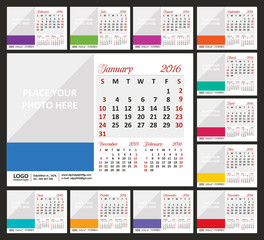 Wall Mural - Desk Calendar 2016. Week Starts Sunday. Set of 12 Months. Vector illustration