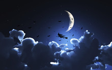 Halloween Background With Witch Flying Through A Moonlit Sky