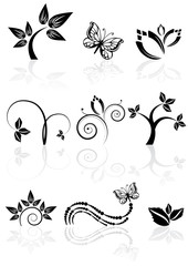  Monochrome nature icons, nine graphic plant florals, vector illustration