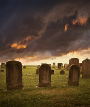 Spooky Cemetery With Stormy Clouds For Halloween