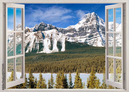 Fototapeta na wymiar Open window view to Canadian Rockies Mountains