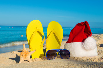 Funny New Year holidays at the sea. Christmas Travel in tropical countries