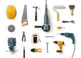 Fototapeta Zachód słońca - helmet, drill, angle grinder and other construction tools on a w