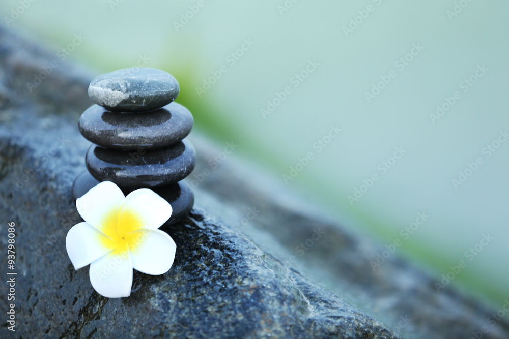 Composition of pebbles and fragipani flower