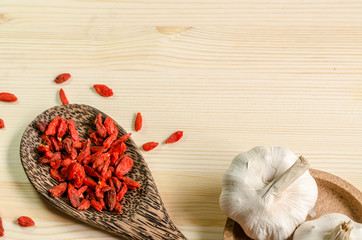 Dried goji berries on wooden tablespoon