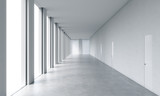 Fototapeta Przestrzenne - Empty modern bright clean interior of an open space office. Huge panoramic windows with white copy space and white walls. A concept of luxury space for legal services. 3D rendering.