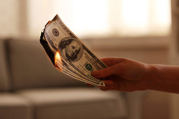 Poster - Woman burning dollars in the room