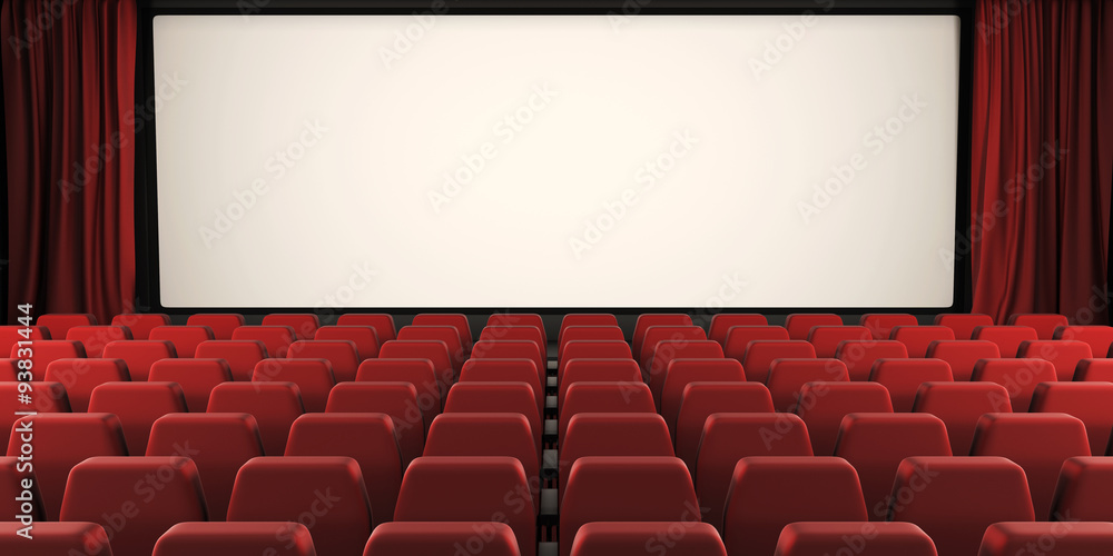 Cinema screen with open curtain. 3d. - obrazy, fototapety, plakaty 