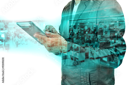 Fotografía Double exposure of BusinessMan and Retail Superstore with Tablet