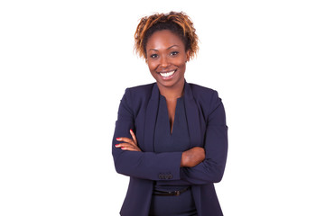 Wall Mural - African American woman with folded arms, isolated on white backg