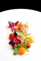 Wall Mural - Haute cuisine appetizer with tuna tartare, watermelon and spices