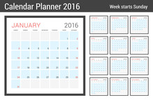 Calendar Planner For 2016 Year. Vector Stationery Design Print Template. Square Pages With Place For Notes. Week Starts Sunday. 12 Months