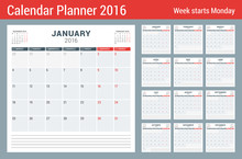 Calendar Planner For 2016 Year. Vector Stationery Design Print Template. Square Pages With Place For Notes. 3 Months On Page. Week Starts Monday. 12 Months
