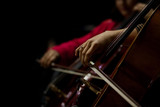 Fototapeta  - The hand of the girl playing the cello in the orchestra in dark colors