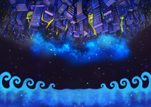Illustration: The Upside Down City Buildings In The Starry Night With Flying Fish. A Good Wish Card Appropriate For Any Event. Fantastic Cartoon Style Wallpaper Background Scene Design.