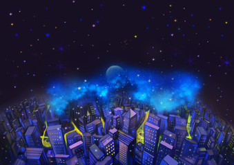 Wall Mural - Illustration: The City and the Fantastic Starry Night. A Good Wish Card appropriate for any event. Fantastic Cartoon Style Wallpaper Background Scene Design.