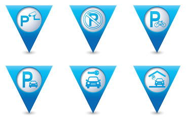 Wall Mural - Parking sign on blue triangular map pointers. Vector illustration
