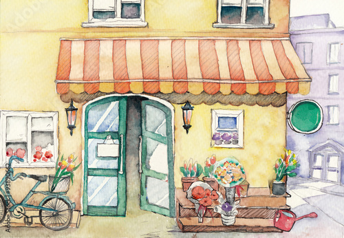 Watercolor High Definition Illustration Street Flower Shop Fantastic Cartoon Style Scene Wallpaper Background Design With Story Stock イラスト Adobe Stock