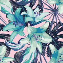 Blue Lily And Leaves Seamless Background