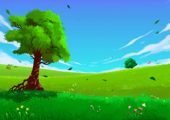 Wall Mural - Illustration: The Spring. Fantastic Cartoon Style Scene Wallpaper Background Design with Story.