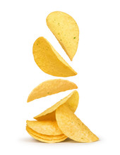 Potato Chips Falling In The Air On An Isolated White Background