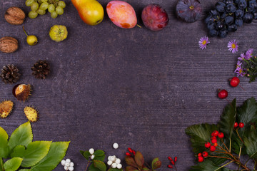  Still Life with fruits and strawberries - apples, plums, grape, pears, leaves, pine cones, figs, flowers, chestnuts. Top view. Rustic background with free text space