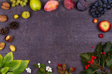  Still Life with fruits and strawberries - apples, plums, grape, pears, leaves, pine cones, figs, flowers, chestnuts. Top view. Rustic background with free text space