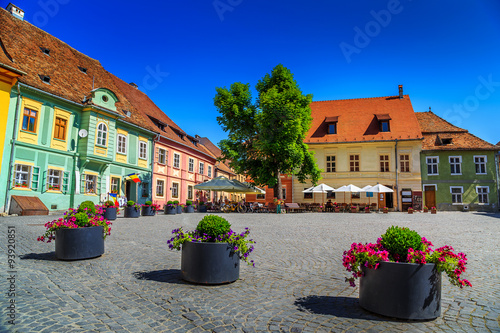 Fotografie, Obraz Medieval street cafe bar,Sighisoara,Transylvania,Romania,Europe