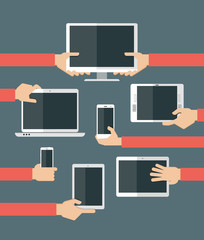 flat design illustration of hands holding different computer and