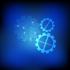 Wall Mural - Vector : Gears and electronic circuit on grid blue background