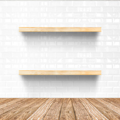 Sticker - white tile room and wooden flooring with wooden shelf, Mock up f