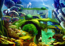 Illustration: Underwater World: Waterfall Under The Sea; Flying Fish; Bridge; Stone Stairs. A Harmonious Community Here. Story With Fantastic Cartoon Style Scene Wallpaper Background Design.