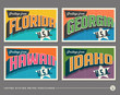 United States vintage typography postcards featuring Florida, Georgia, Hawaii, Idaho