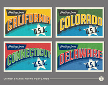 United States Vintage Typography Postcards Featuring California, Colorado, Connecticut, Delaware