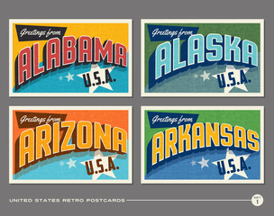 United States vintage typography postcards featuring Alabama, Alaska, Arizona, Arkansas