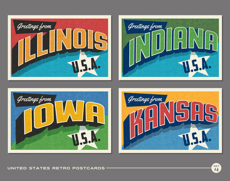 united states vintage typography postcards featuring illinois, indiana, iowa, kansas