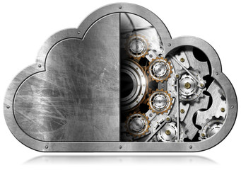 Cloud Computing with Metal Gears / Metallic symbol in the shape of a cloud with metal gears. Concept of cloud computing