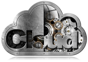 Wall Mural - cloud computing with metal gears / metallic symbol in the shape of a cloud with metal gears and text