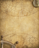 Fototapeta Mapy - old nautical map with compass and steering wheel