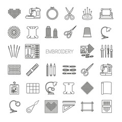 Wall Mural - Needlework line icons set. Cross stitch and fancywork supplies a