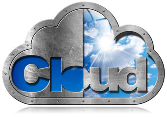 Wall Mural - cloud computing symbol with sky / metallic symbol in the shape of a cloud with a blue sky and clouds