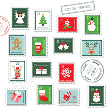 Christmas Postal Stamps Set Isolated On White.