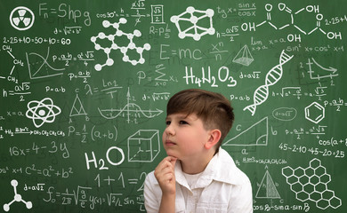 Wall Mural - Thinking little boy with math formula