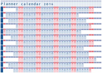 Planner calendar 2016 - with holiday days posted inside - blue and red design template