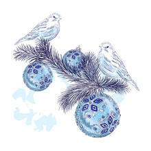 Hand Drawing Of Birds. Birds On The Tree Branches. Christmas Balls. Greeting Card. Celebration. Vintage.