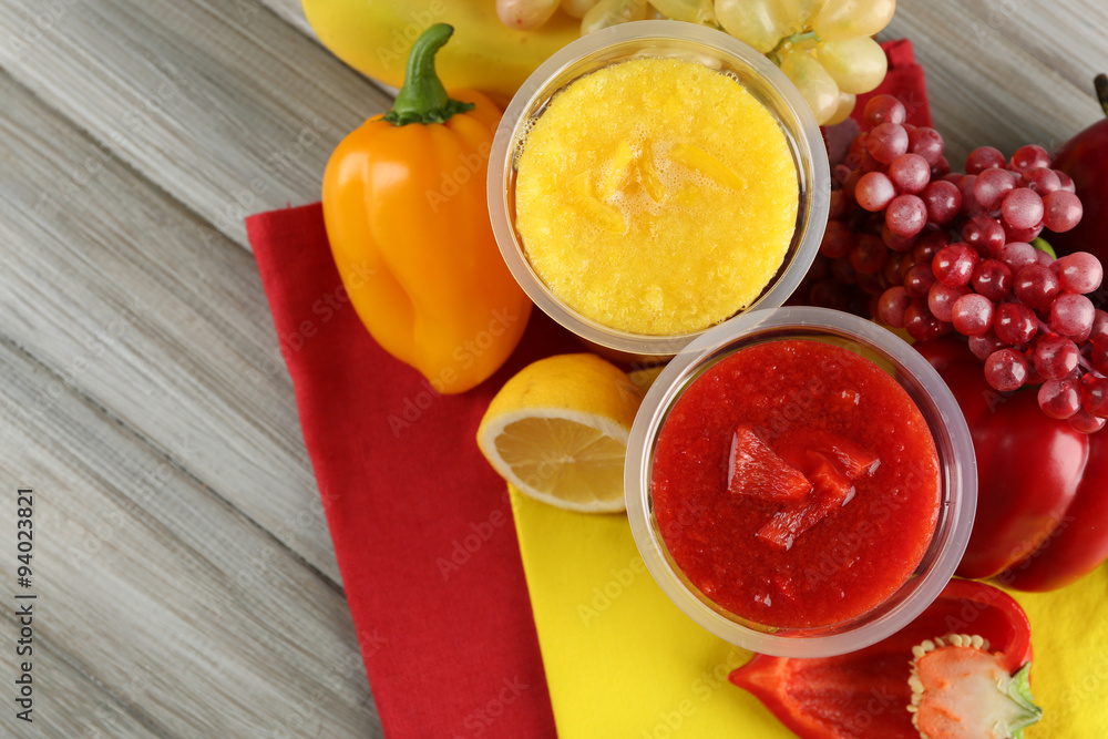 Fresh juice mix fruit, healthy drinks on wooden table background