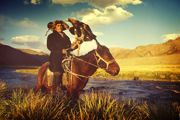 kazakh trained eagle equestrian olgei mongolia concept