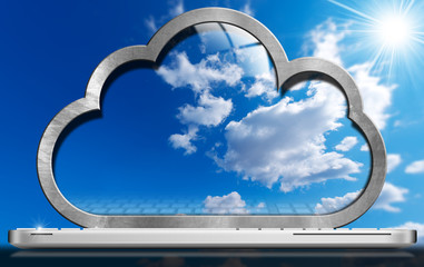 Wall Mural - laptop computer - cloud computing / laptop computer with a screen in the shape of a cloud with a blu