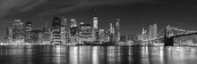 Black And White New York City At Night Panoramic Picture, USA.