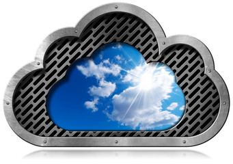 Wall Mural - cloud computing symbol with sky / metallic symbol in the shape of a cloud with a blue sky and clouds